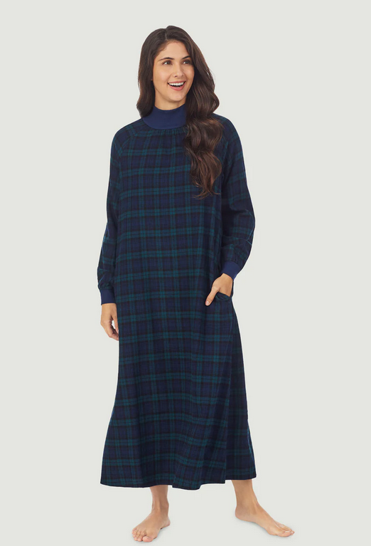 Lanz of Salzburg Women's Black Watch Plaid Flannel Pop Over Gown