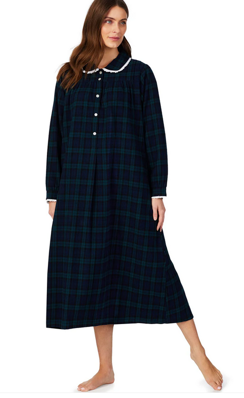 Lanz of Salzburg Women's Black Watch Plaid Flannel Gown Petite