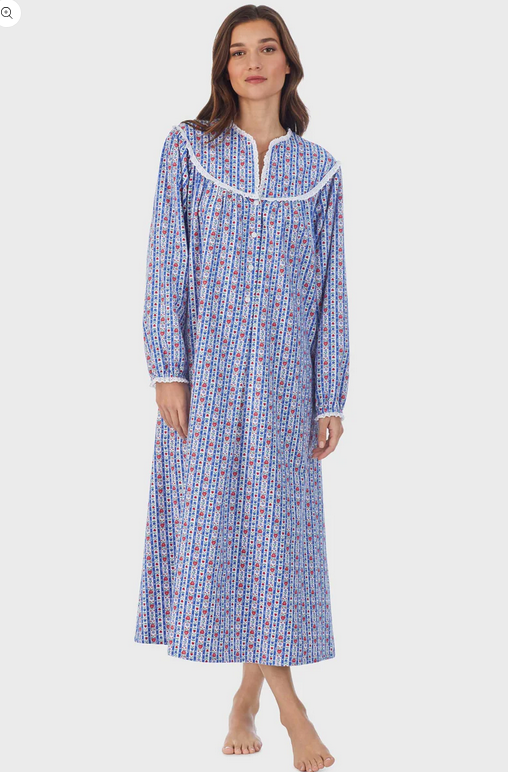 Lanz of Salzburg Women's Classic Blue Tyrolean Stripe Flannel Nightgown