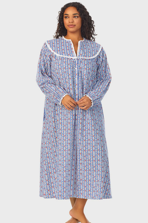 Lanz of Salzburg Women's Classic Blue Tyrolean Stripe Flannel Nightgown Plus