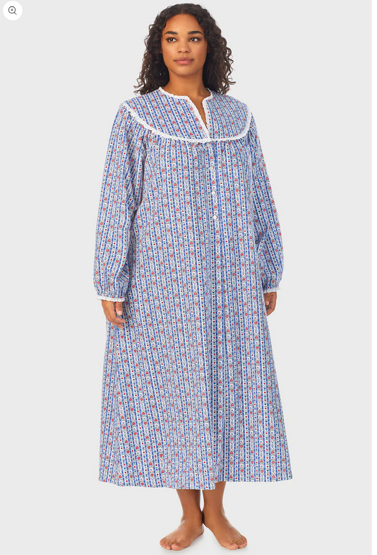 Lanz of Salzburg Women's Classic Blue Tyrolean Stripe Flannel Nightgown Plus