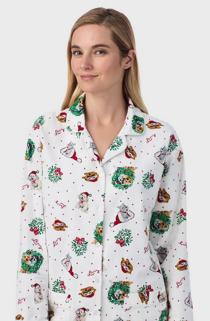 Lanz of Salzburg Women's Holiday Puppies Classic Notch Pajama