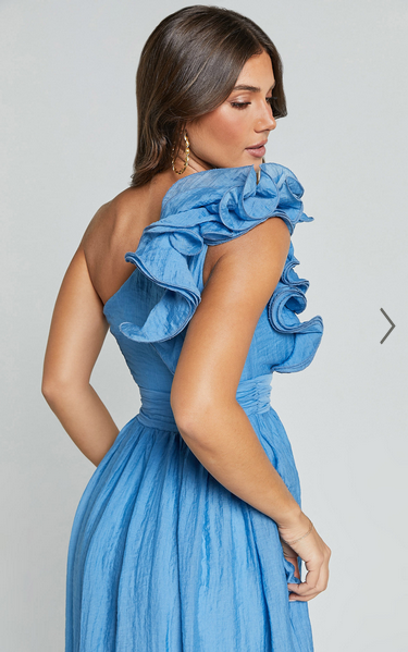 Showpo Dorothy Midi Dress - One Shoulder Frill Detail Fit and Flare Dress