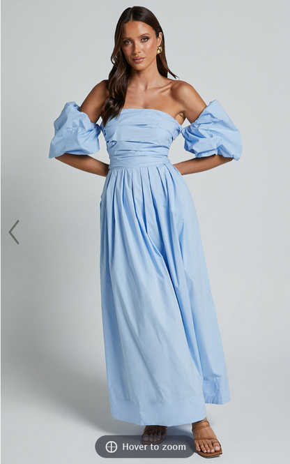 Showpo Annie Midi Dress - Off The Shoulder Ruffle Sleeve Pleated Dress