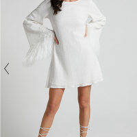 Showpo Rowella Mini Dress - Faux Feather Bell Sleeve Dress in White