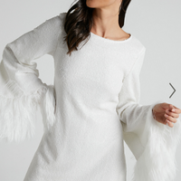 Showpo Rowella Mini Dress - Faux Feather Bell Sleeve Dress in White