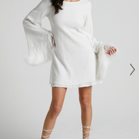 Showpo Rowella Mini Dress - Faux Feather Bell Sleeve Dress in White