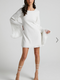 Showpo Rowella Mini Dress - Faux Feather Bell Sleeve Dress in White