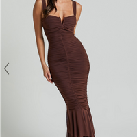 Showpo Kody Midi Dress - Bodycon Ruched Mesh Cut Out Dress in Chocolate