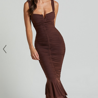 Showpo Kody Midi Dress - Bodycon Ruched Mesh Cut Out Dress in Chocolate