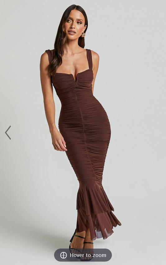 Showpo Kody Midi Dress - Bodycon Ruched Mesh Cut Out Dress in Chocolate