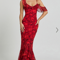 Showpo Riley Maxi Dress - Asymmetric Ruffle Detail Maxi Dress in Red Rose Print