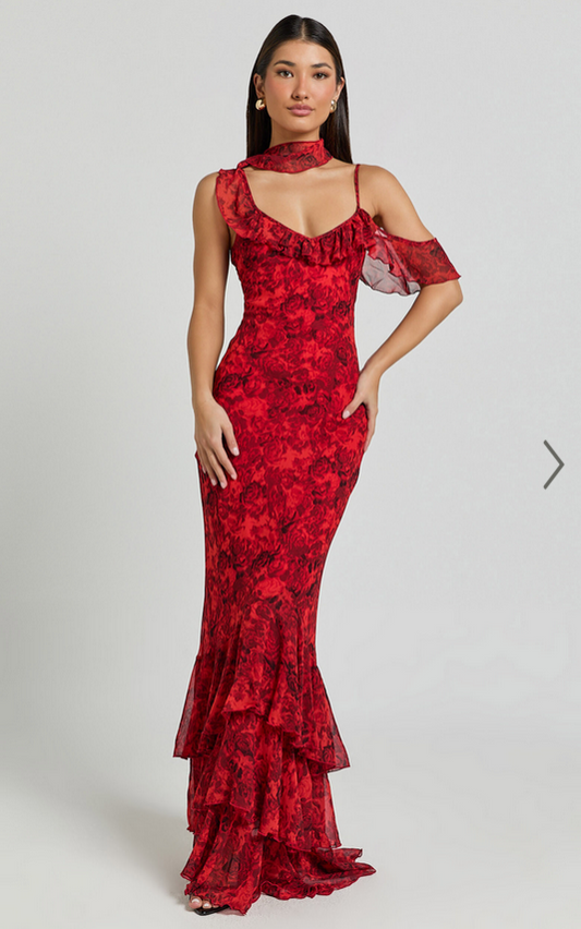 Showpo Riley Maxi Dress - Asymmetric Ruffle Detail Maxi Dress in Red Rose Print