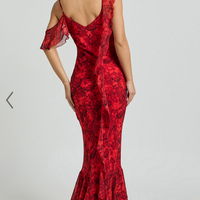 Showpo Riley Maxi Dress - Asymmetric Ruffle Detail Maxi Dress in Red Rose Print