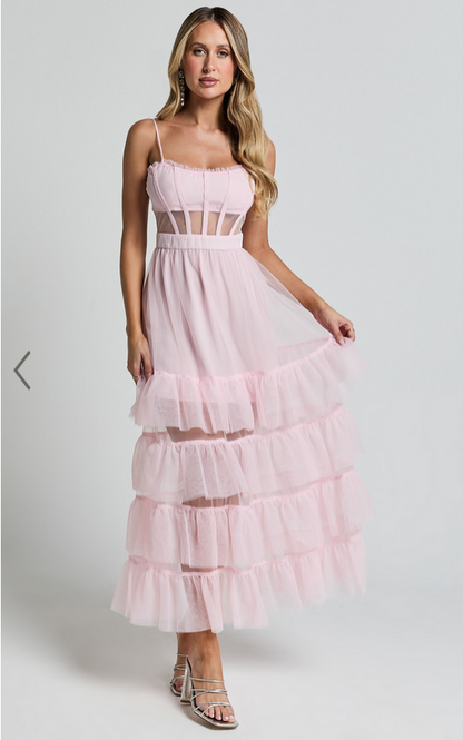 Showpo Evelynn Maxi Dress - Sweetheart Corset Bodice Fit & Flare Tiered