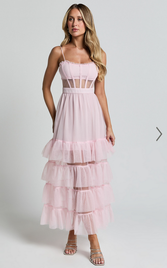 Showpo Evelynn Maxi Dress - Sweetheart Corset Bodice Fit & Flare Tiered