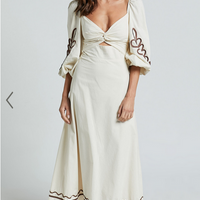 Showpo Isadora Midi Dress - Cut Out Long Sleeve Contrast Embroidery Dress in Natural