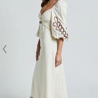 Showpo Isadora Midi Dress - Cut Out Long Sleeve Contrast Embroidery Dress in Natural