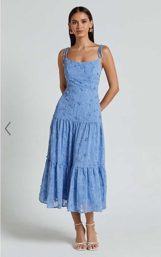 Showpo Francesca Midi Dress - Tie Shoulder Tiered Embroided Dress in Cornflower Blue