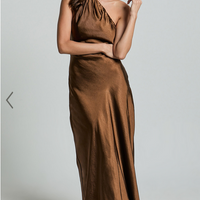 Showpo Ryan Maxi Dress - Tie Neck One Shoulder Dress in Chocolate