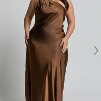 Showpo Ryan Maxi Dress - Tie Neck One Shoulder Dress in Chocolate