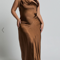 Showpo Ryan Maxi Dress - Tie Neck One Shoulder Dress in Chocolate