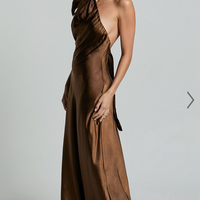 Showpo Ryan Maxi Dress - Tie Neck One Shoulder Dress in Chocolate