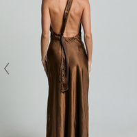 Showpo Ryan Maxi Dress - Tie Neck One Shoulder Dress in Chocolate