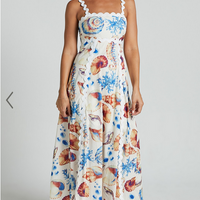 Showpo Lani Maxi Dress - Wavy Strap and Neck A Line Dress in Blue and Yellow Print