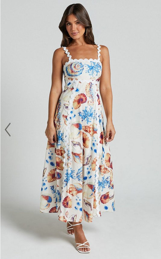 Showpo Lani Maxi Dress - Wavy Strap and Neck A Line Dress in Blue and Yellow Print