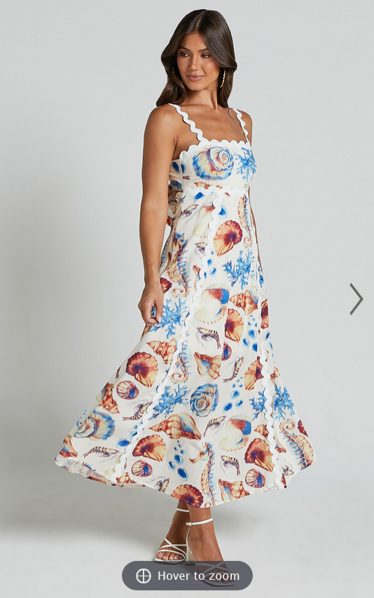 Showpo Lani Maxi Dress - Wavy Strap and Neck A Line Dress in Blue and Yellow Print