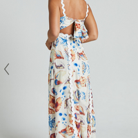 Showpo Lani Maxi Dress - Wavy Strap and Neck A Line Dress in Blue and Yellow Print