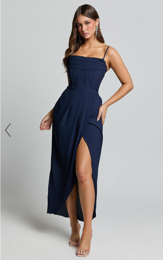 Showpo Andrina Midi Dress - High Low Wrap Corset Dress in Navy