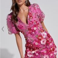 Showpo Wren Mini Dress - Puff Sleeve Bodycon 3d Garden Flowers Dress in Magenta