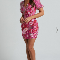 Showpo Wren Mini Dress - Puff Sleeve Bodycon 3d Garden Flowers Dress in Magenta