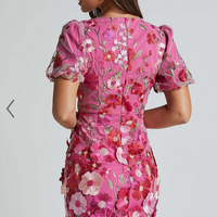 Showpo Wren Mini Dress - Puff Sleeve Bodycon 3d Garden Flowers Dress in Magenta