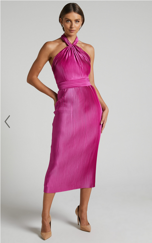 Showpo Marlette Midi Dress - Pleated Open Back Halter Dress in Grape