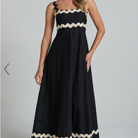 Showpo Wenalyn Midi Dress - Straight Neck Wave Detail A Line Dress in Black with Beige Contrast Trim