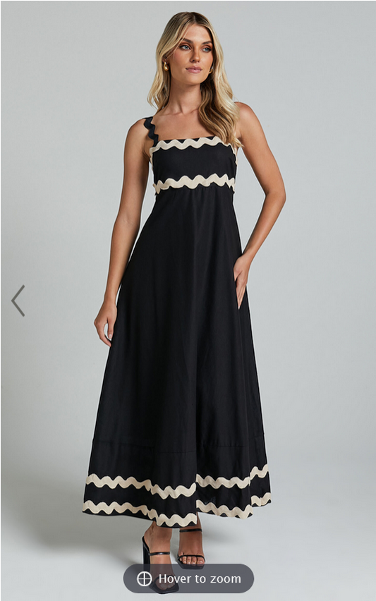 Showpo Wenalyn Midi Dress - Straight Neck Wave Detail A Line Dress in Black with Beige Contrast Trim