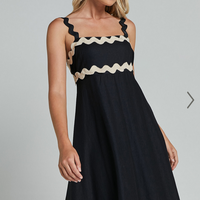 Showpo Wenalyn Midi Dress - Straight Neck Wave Detail A Line Dress in Black with Beige Contrast Trim