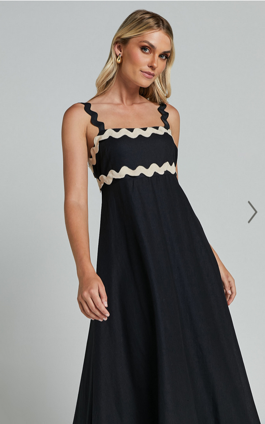 Showpo Wenalyn Midi Dress - Straight Neck Wave Detail A Line Dress in Black with Beige Contrast Trim