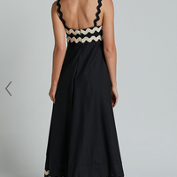 Showpo Wenalyn Midi Dress - Straight Neck Wave Detail A Line Dress in Black with Beige Contrast Trim