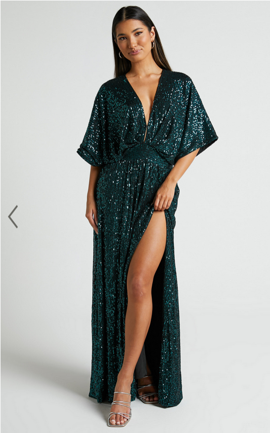 Showpo Miyah Maxi Dress - Sequin Plunge Short Sleeve Dress