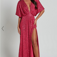 Showpo Miyah Maxi Dress - Sequin Plunge Short Sleeve Dress