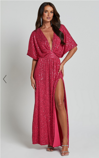 Showpo Miyah Maxi Dress - Sequin Plunge Short Sleeve Dress