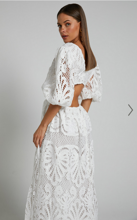 Showpo Anieshaya Midi Dress - V Neck Cut Out Lace Dress in White