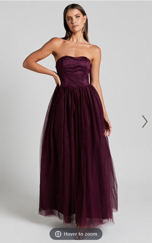 Showpo Gemma Maxi Dress - Strapless Sweetheart Tulle Fit & Flare in Aubergine