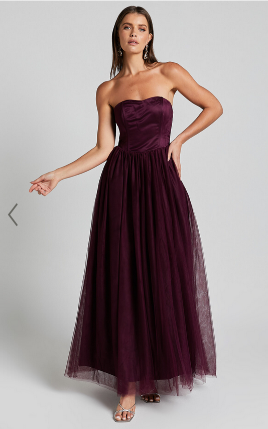 Showpo Gemma Maxi Dress - Strapless Sweetheart Tulle Fit & Flare in Aubergine