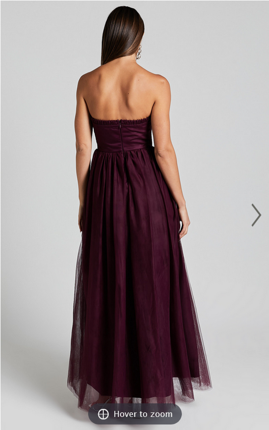 Showpo Gemma Maxi Dress - Strapless Sweetheart Tulle Fit & Flare in Aubergine