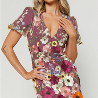 Showpo Wren Mini Dress - Puff Sleeve Bodycon 3d Garden Flowers Dress in Burgundy